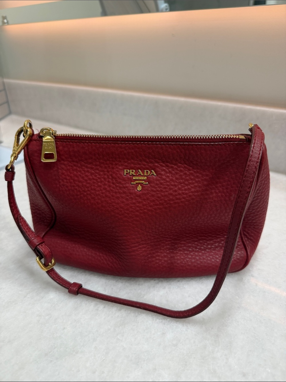 Prada Red Pebbled Leather Wristlet Crossbody with Gold Hardware